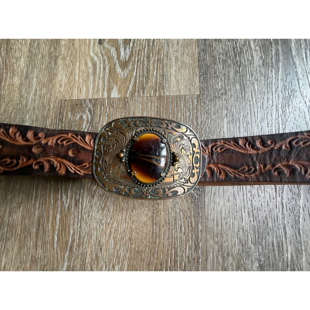 Unbranded Tooled Leather Belt Unisex 32-36 Brown Floral Western Tiger Eye Buckle